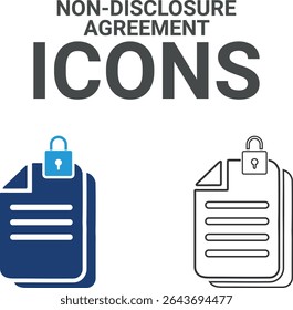 Ícones de contrato de confidencialidade, ícones de arte de linha, contêm um contrato, um contrato, um passaporte, um bilhete de identidade, um certificado, uma licença, uma patente, um testamento e muito mais. Coleção de ícones sólidos de vetor