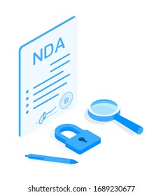Non-disclosure agreement with signature and seal. The contract is examined through a magnifying glass, and next to it lies a pen and a lock, meaning data privacy.