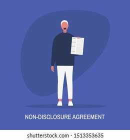 Non-disclosure agreement. Young male character with a taped mouth holding an NDA document. Business concept. Flat editable vector illustration, clip art