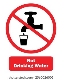 Non-drinking water signboard icon. No drinking water symbol. Do not drink water. Not drinking water. Non-potable. Prohibition sticker for public places Do not drink. Red Sign Board do not drink. 