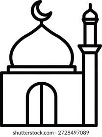 Ninguno Mezquita islámica con luna creciente y minarete en arte lineal simple, disponible para obtención de licencias comercial.