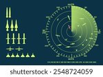 Non-existent military radar interface. Strike and Reconnaissance Drones, Cruise Missiles and Ballistic missile on radar screen. Radar beam, fading trace and circles with transparent effects. 