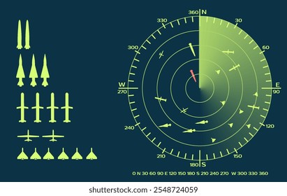 Interface de radar militar inexistente. Ataque e reconhecimento de drones, mísseis de cruzeiro e mísseis balísticos na tela do radar. Feixe de radar, traço de desvanecimento e círculos com efeitos transparentes. 