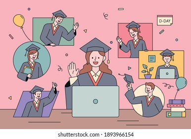 Non-face-to-face graduation ceremony. A graduate is sitting in front of a computer and greeting another graduate in a pop-up window.