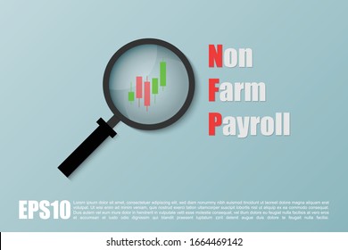 Non-farm payrolls (NFP) with magnifying glass and trading candlesticks