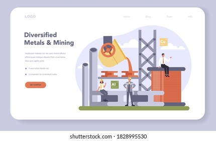 Banner web o página de aterrizaje de la industria de metales y minería no ferrosos. Proceso de producción de acero o metal. Industria metalúrgica. Norma mundial de clasificación de la industria. Ilustración del vector