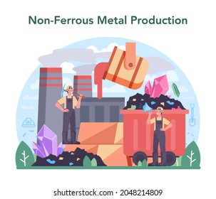 Nonferrous metallurgy concept. Ore extracting and production industry. Industrial mining, metallurgical industry. Vector flat illustration