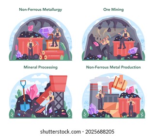 Nonferrous metallurgy concept set. Ore extracting and production industry. Industrial mining, metallurgical industry. Vector flat illustration