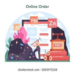 Nonferrous metallurgy online service or platform. Ore extracting and production industry. Metallurgical industry. Online order. Vector flat illustration
