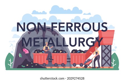 Encabezado tipográfico de metalurgia no ferrosa. Industria de extracción y producción de petróleo. Minería industrial, industria metalúrgica. Ilustración plana del vector