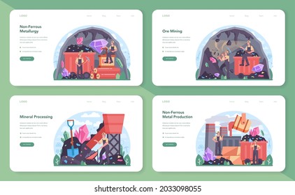 Nonferrous metallurgy web banner or landing page set. Ore extracting and production industry. Industrial mining, metallurgical industry. Vector flat illustration
