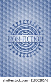 Non-fiction blue emblem with geometric pattern background.