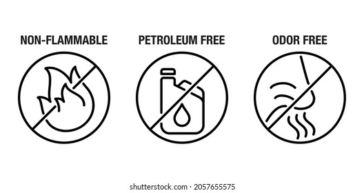 Non-flammable, Odor free, No Petroleum. Flat icons set for labeling of cleaning agent or other household chemicals svg