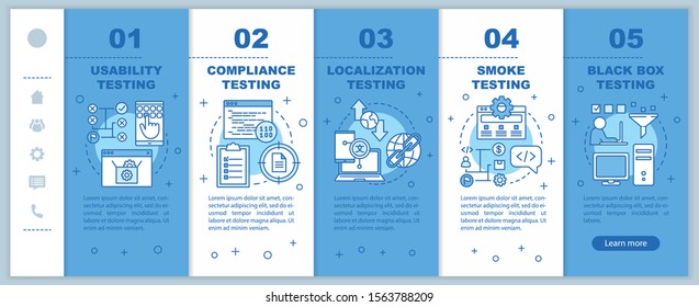 Non-functional software testing blue onboarding mobile web pages vector template. Responsive smartphone website interface idea with linear illustration. Webpage walkthrough step screens. Color concept