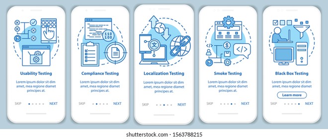 Non-functional software testing blue onboarding mobile app page screen vector template. Usability analysis. Walkthrough website steps with linear illustration. UX, UI, GUI smartphone interface concept