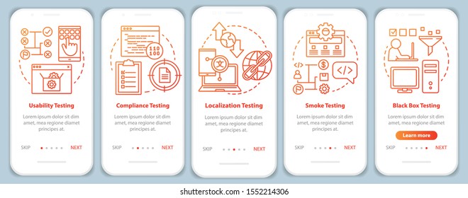 Non-functional software testing orange onboarding mobile app page screen vector template. Usability. Walkthrough website steps with linear illustrations. UX, UI, GUI smartphone interface concept