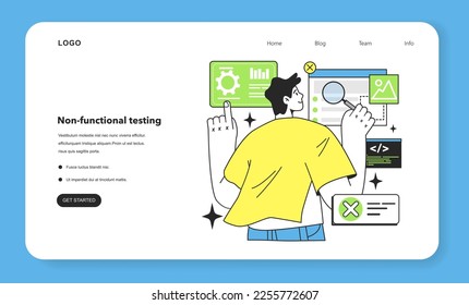 Non-functional testing technique web banner or landing page. Software testing methodology. IT specialist searching for bugs in code. Website and application development. Flat vector illustration