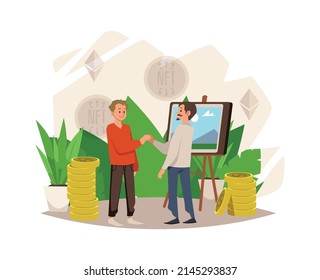 Nicht fungibles NFT Token Blockchain Technologie Konzept, bei dem Menschen NFT-Dateneinheiten austauschen, flache Cartoon-Vektorgrafik einzeln auf weißem Hintergrund.