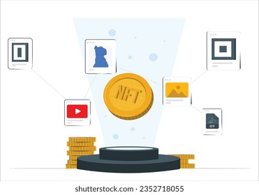 Non-fungible NFT token, crypto art in 3D rendering illustration. Platform with NFT bitcoin and dollar. Virtual art and galleries using NFT blockchain technology concept, crypto in 3D rendering. 2366
