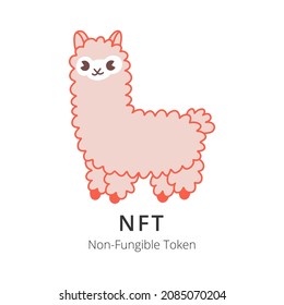 Non-fungible token contemporary artwork. Сolorful simple hand drawn illustration of cartoon alpaca with text NFT and non-fungible token. Flat vector Illustration.