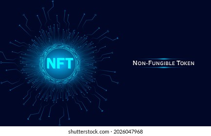 Non-fungible token (NFT) abstract blue technology background.