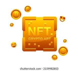 Non-fungible token (NFT) coin isolated on white background. Golden coin icon. Сrypto art. Vector cartoon illustration.