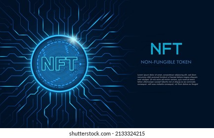 Non-fungible token (NFT) coin.Bluie abstract technology background.