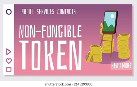 Concepto de tecnología digital de tipo token no fungible o de tipo criptográfico NFT para interfaz de sitio web o pantalla de presentación, ilustración vectorial de caricatura plana.