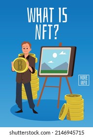 Non-fungible token NFT digital technology banner or poster, flat vector illustration. Non-interchangeable unit of data stored on blockchain or cryptography token.