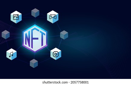 Non-fungible token or NFT logo design concept.Abstract background.Art,game and music.Crypto currency exchane trade.