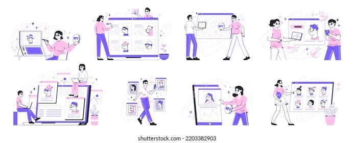 Non-fungible token, NTF crypto arts, people sale and buy crypto art. Digital NTF arts market, artists creating non fungible token via blockchain flat vector Illustration set. Crypto art scenes