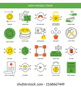 Non-fungible token technology icon set. NFT and digital money symbols. Vector illustration.