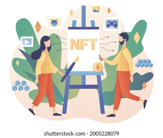 Nicht fungibler Token. Kleine Leute kreieren Crypto-Kunst. NTF. Malerei auf Aal. Online Galerie nft art. Investition. Internet-Marktplatz und Blockchain. Moderner, flacher Cartoon-Stil. Vektorgrafik