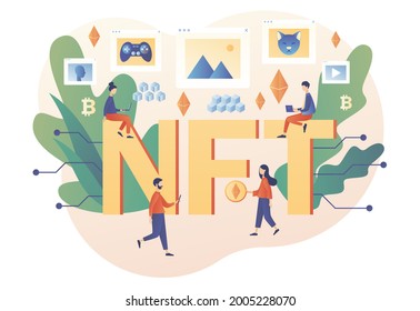 Non-fungible token. Tiny people investing in Crypto art, game, video. NTF - big text. Online gallery nft art. Internet marketplace and blockchain technology. Modern flat cartoon style. Vector 