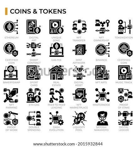 Non-fungible tokens and cryptocurrency icon set for cryptocurrency topics,education website, presentation, book. Stock photo © 