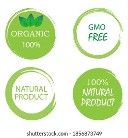 Non-gmo stamps natural product in hand drawn style. Food logo. Quality set. Round logo. Stock image.