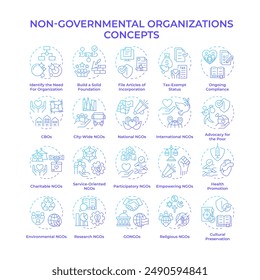 Organizaciones no gubernamentales iconos de concepto de gradiente azul. Organización sin ánimo de lucro. Servicios caritativos. Asistencia comunitaria. Paquete de iconos. Imágenes vectoriales. Ilustraciones de forma redonda. idea Abstractas