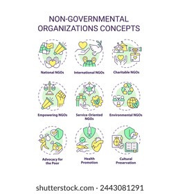 Non-governmental organizations multi color concept icons. Fighting for human rights. Social justice. Humanitarian aid. Icon pack. Vector images. Round shape illustrations. Abstract idea