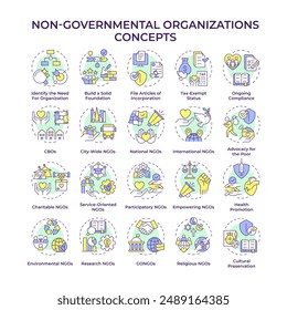 Organizaciones no gubernamentales iconos de concepto multicolor. Organización sin ánimo de lucro. Servicios caritativos. Asistencia comunitaria. Paquete de iconos. Imágenes vectoriales. Ilustraciones de forma redonda. idea Abstractas