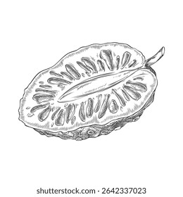 Noni cut fruit with seeds ink sketch. Hand drawn engraved tropical morinda citrifolia, cheese fruit. Medicinal plant. Super food. Fresh organic diet detox food. Vector botanical illustration isolated