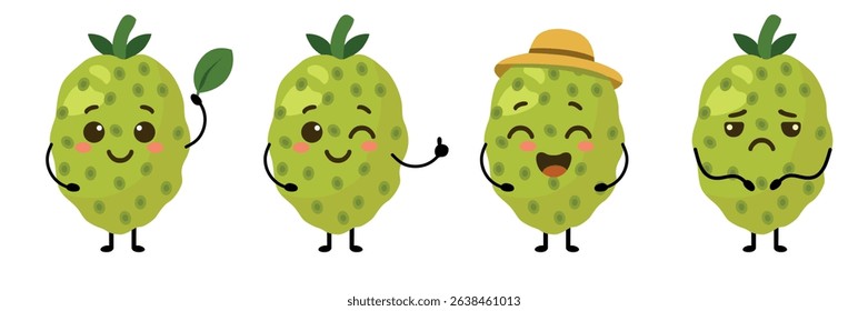 Noni fruit cartoon characters set with emotions, leaf and hat in flat style for sticker, isolated on white background
