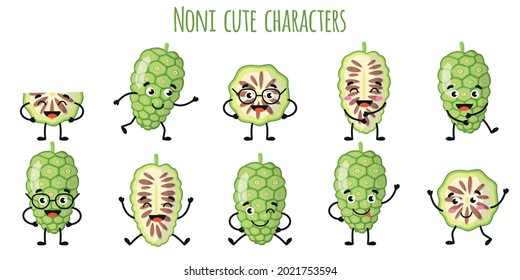 Noni fruit cute funny cheerful characters with different poses and emotions. Natural vitamin antioxidant detox food collection. Vector cartoon isolated illustration. Children concept.