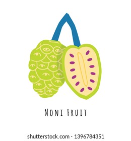 Noni fruit flat vector illustration. Cartoon slices of exotic, tropical fresh fruit. Clipart with typography. Isolated icon for healthy cooking menu, logo design element