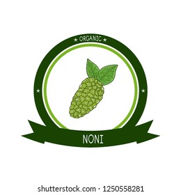 Noni. Fruit,  leaves. Logo, emblem, symbol. Sketch. Color. 