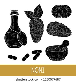 Noni. Fruit, Leaves. Mortar, Bottle, Pill. Silhouette. Set. Monophonic. 