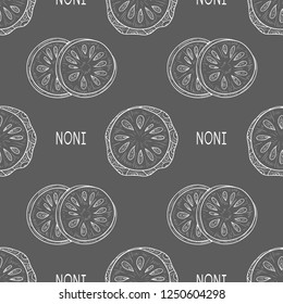 Noni. Fruit, leaves. Sketch. Texture, wallpaper, seamless, background. Gray background, white image.