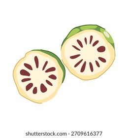 Rebanadas de fruta de noni que presentan superalimentos tropicales, beneficios para la salud y el bienestar con distintas semillas rojas y corteza verde sobre un fondo blanco limpio