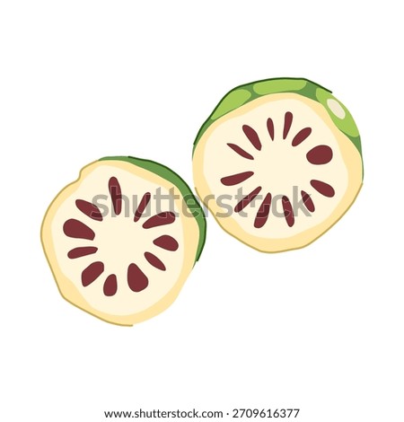 Noni fruit slices presenting tropical superfood, health, and wellness benefits with distinct red seeds and green rind against a clean white background