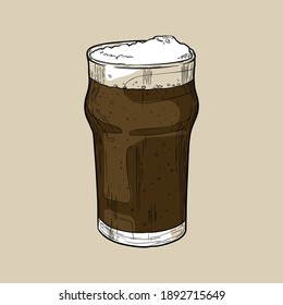 Nonic pint beer glass with dark beer. Hand drawn multicolor vector illustration. 