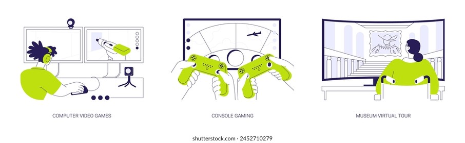 Non-immersive virtual reality abstract concept vector illustration set. Computer video games, console gaming, museum virtual tour, video enternainment, VR and AR leisure time abstract metaphor.